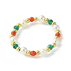 Christmas Theme Glass Rings, with Round Shell Pearl Beads and Brass Beads