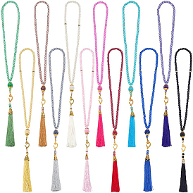 12 шт. 12 цветные стеклянные жемчужины круглые бусины мала полиэстер кисточки молитвенные ожерелья, со сплавочной фурнитурой, золотые