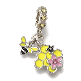 Rack Plating Alloy Rhinestone European Dangle Charms, Bees & Honeycomb Large Hole Charms with Yellow Enamel