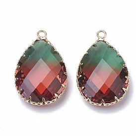 K 9 pendentifs en tourmaline imitation verre, avec les accessoires en laiton de tonalité d'or, facette, charmes de larme