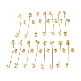 Vacuum Plating 304 Stainless Steel Dangle Chains Stud Earrings, Asymmetrical Earrings for Women, Mixed Shape