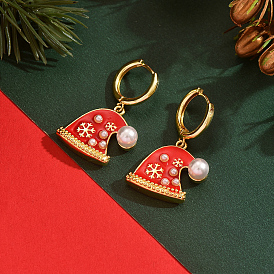 Серьги-кольца с латунной эмалью и снежинкой в рождественской шапке, с имитацией жемчуга, золотые