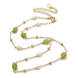 Natural Pearl & Natural Peridot Beaded Necklaces, Brass Jewelry for Women