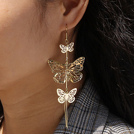 Fashionable Hollow Butterfly Earrings - Long Length, European and American Style, Metal Ear Accessories.