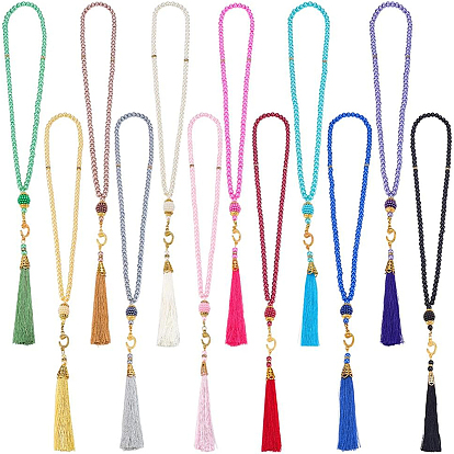 12 шт. 12 цветные стеклянные жемчужины круглые бусины мала полиэстер кисточки молитвенные ожерелья, со сплавочной фурнитурой, золотые