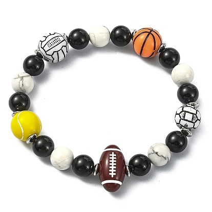 Natural Black Onyx & Howlite Beaded Stretch Bracelets, Acrylic Sports Ball Bead Bracelets for Women