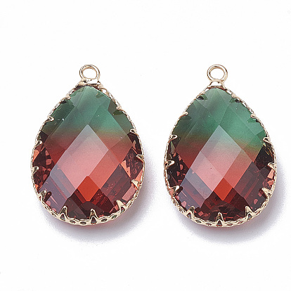 K 9 pendentifs en tourmaline imitation verre, avec les accessoires en laiton de tonalité d'or, facette, charmes de larme