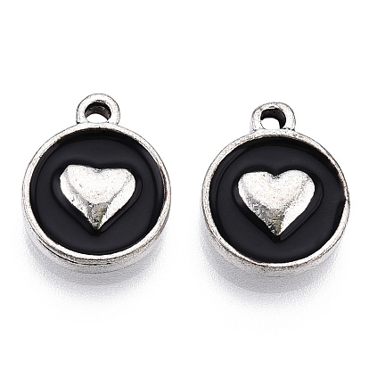 Alloy Pendants, with Enamel, Enamelled Sequins, Flat Round with Heart, Black