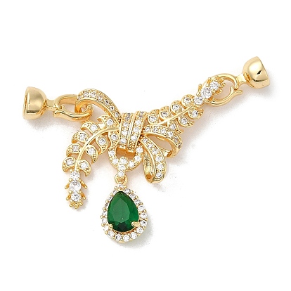 Rack Plating Brass Micro Pave Clear Cubic Zirconia Fold Over Clasps, with Green Glass, Cadmium Free & Lead Free, Long-Lasting Plated, Leaf