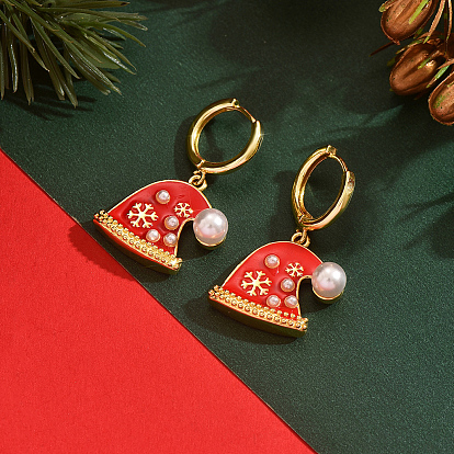 Серьги-кольца с латунной эмалью и снежинкой в рождественской шапке, с имитацией жемчуга, золотые