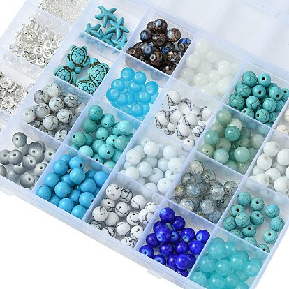 DIY Jewelry Making Finding Kits, Including Glass & Natural & Synthetic Mixed Gemstone Beads, Alloy Beads & Dangle Charms, Iron Spacer Beads, Turtle & Shell & Foot & Moon