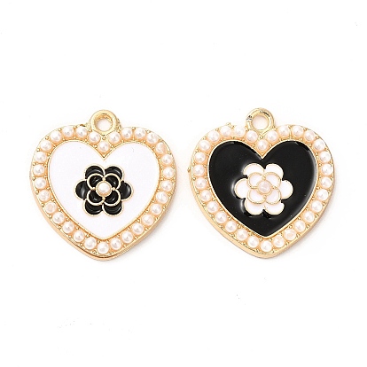 Alloy Enamel Pendants, with ABS Plastic Imitation Pearl Bead, Cadmium Free & Nickel Free & Lead Free, Golden, Heart with Flower Charm