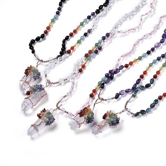 Natural Gemstone Pendant Necklaces, with Natural Mixed Stone Beads, Natural Quartz Crystal and Brass Findings, Tree