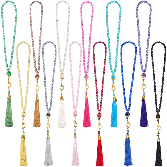 12 шт. 12 цветные стеклянные жемчужины круглые бусины мала полиэстер кисточки молитвенные ожерелья, со сплавочной фурнитурой, золотые