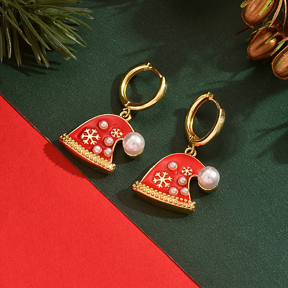Серьги-кольца с латунной эмалью и снежинкой в рождественской шапке, с имитацией жемчуга, золотые