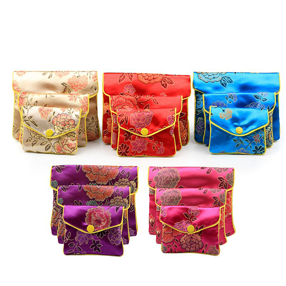 Chinese Style Rectangle Cloth Zipper Pouches, with Flower Pattern and Snap Button