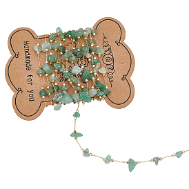 2M Handmade Natural Green Aventurine Chip Beaded Chains, with Brass Findings, Long-Lasting Plated, Soldered, Golden