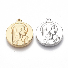 304 Stainless Steel Pendants, Flat Round with Praying Virgin Mary
