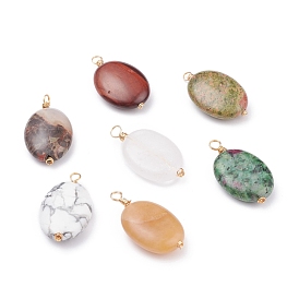 Pendentifs naturelles mixtes de pierre, avec du vrai fil de cuivre écologique plaqué or 18k, ovale