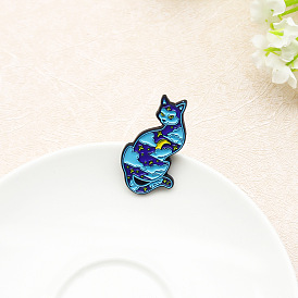 Starry Night Sky Cat Pin - Trendy Blue Feline Badge with Moon, Clouds and Stars