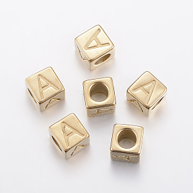 304 Stainless Steel Large Hole Letter European Beads, Horizontal Hole, Cube with Letter.A