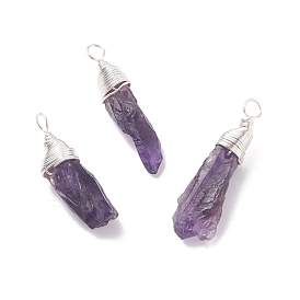 Rough Natural Amethyst Pendants, with Silver Tone Copper Wire Wrapped, Nuggets