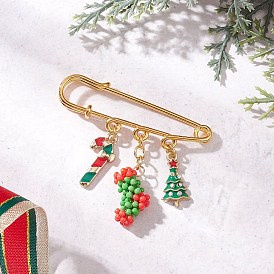 Рождественские подвески-броши ручной работы из стеклянного бисера и эмали, английская булавка из сплава для свитера с шарфом, рождественский носок, рождественская елка и леденцовая трость