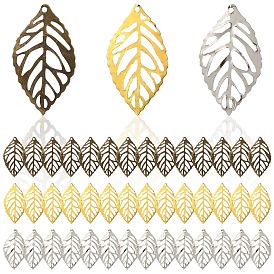 75Pcs 3 Colors Leaf Iron Pendants, Filigree Pendants, Etched Metal Embellishments