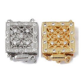 Rack Plating Brass Micro Pave Clear Cubic Zirconia Box Clasps, 2-Strand, 4-Hole, Square