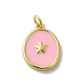 Brass Enamel Pendants, with Jump Ring, Lead Free & Cadmium Free, Long-Lasting Plated, Oval with Star Charm, Real 18K Gold Plated