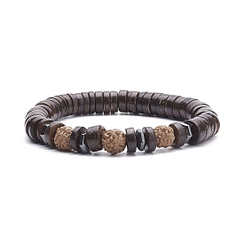 Natural Rudraksha & Coconut Shell Stretch Bracelet with Synthetic Hematite, Meditation Yoga Jewelry for Women
