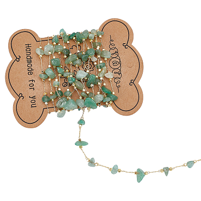 2M Handmade Natural Green Aventurine Chip Beaded Chains, with Brass Findings, Long-Lasting Plated, Soldered, Golden
