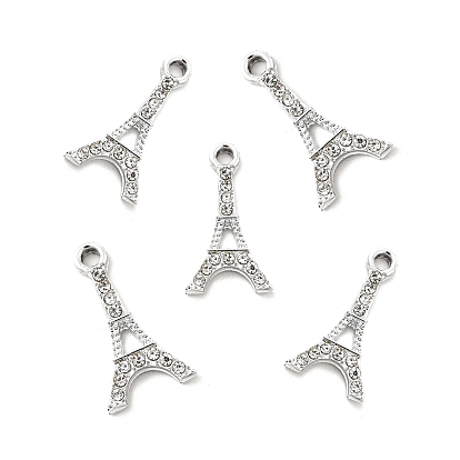 Alloy Rhinestone Pendants, Platinum Tone Eiffel Tower Charms