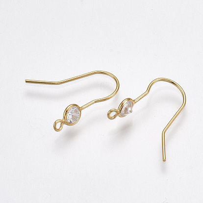 Brass Earring Hooks, with Cubic Zirconia and Vertical Loop, Nickel Free