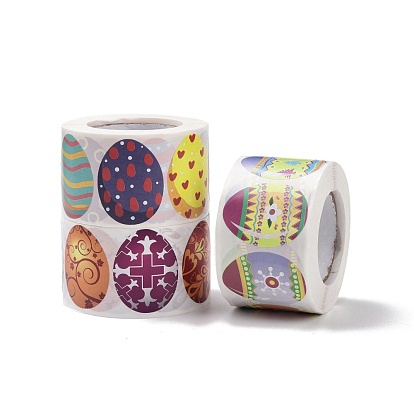9 Patterns Easter Theme Self Adhesive Paper Sticker Rolls, Egg-Shaped Sticker Labels, Gift Tag Stickers, Rabbit & Flower/Stripe & Wave & Heart/Floral & Cross Pattern