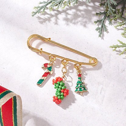 Рождественские подвески-броши ручной работы из стеклянного бисера и эмали, английская булавка из сплава для свитера с шарфом, рождественский носок, рождественская елка и леденцовая трость