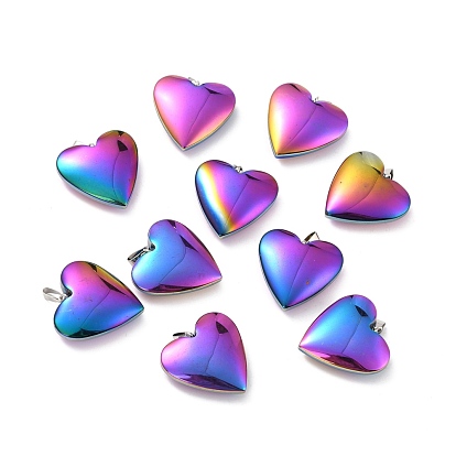 Electroplate Non-magnetic Synthetic Hematite Pendants, with Platinum Tone Brass Findings, Rainbow Heart