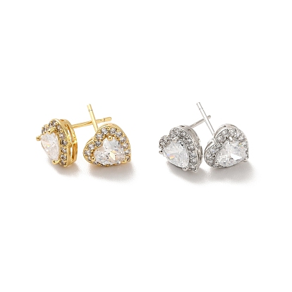 Clear Cubic Zirconia Heart Stud Earrings, Long-Lasting Plated Brass Jewelry for Women, Cadmium Free & Lead Free