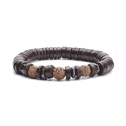 Natural Rudraksha & Coconut Shell Stretch Bracelet with Synthetic Hematite, Meditation Yoga Jewelry for Women