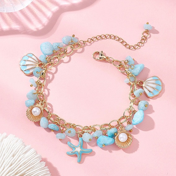 Природных драгоценных камней чип бисер браслеты, браслеты из сплава эмали для женщин, морская звезда и форма раковины