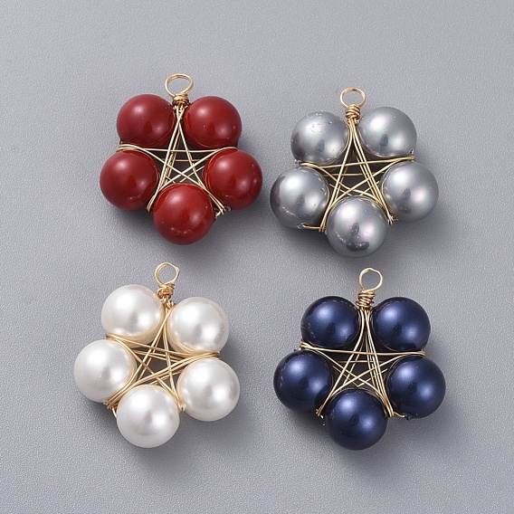 Shell Pearl Pendants, with Golden Plated Copper Wire, Flower