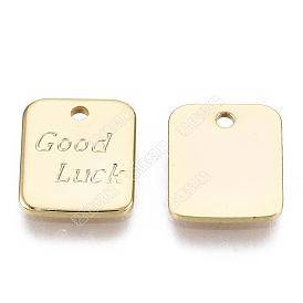 Brass Charms, Nickel Free, Rectangle with Word Good Luck