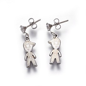 304 Stainless Steel Dangle Stud Earrings, with Ear Nuts and Cubic Zirconia, Boy