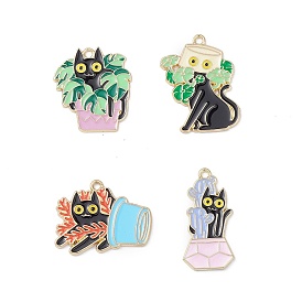Alloy Enamel Pendants, Light Gold, Cat with Potted Plant Charm