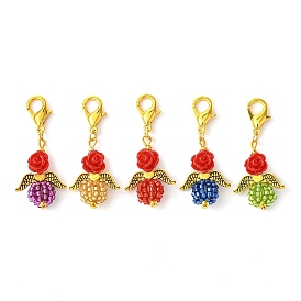 Angel & Rose Resin & Glass Pendant Decoration, Alloy Lobster Claw Clasps Charms for Bag Ornaments