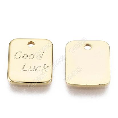 Brass Charms, Nickel Free, Rectangle with Word Good Luck