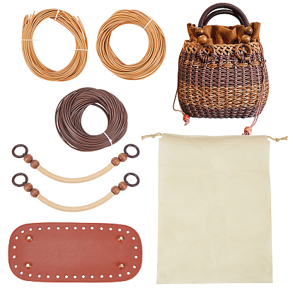 DIY Women's Plastic Rattan Woven Handbag Set, including Imitation Rattan Cord, Drawstring Bag Liner, Crochet Bag Base, Wood Bead Purse Handle