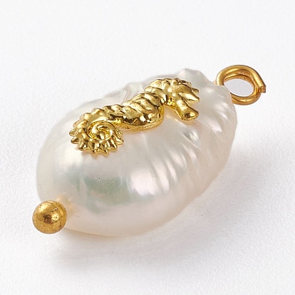 Natural Keshi Pearl Pendants, with Alloy Cabochons and Brass Loops, Nuggets with Sea Horse