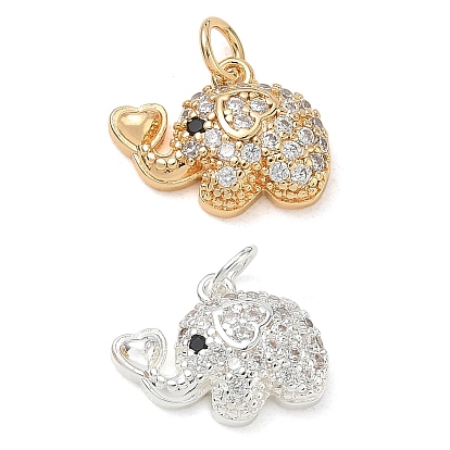 Brass Micro Pave Black Cubic Zirconia Pendants, Elephant with Heart Charms