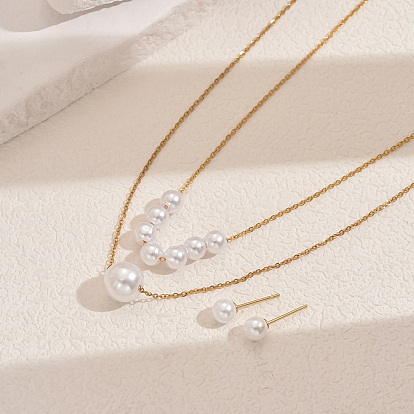 201 комплекты из двухслойных ожерелий и серег-гвоздиков из искусственного жемчуга круглой формы из нержавеющей стали для женщин